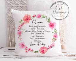 Personalised Gran Cushion - Pink Floral Design Printed White Super Soft- Quote- Grandma Granny-Nanna- Nannie - thumbnail 1