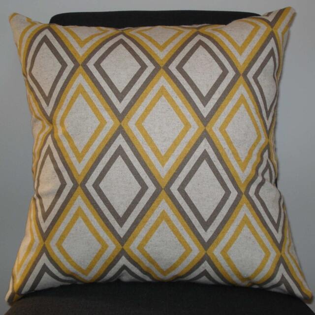 New 18x18 Inch Designer Handmade Pillow Case in Taupe & Yellow Diamond Pattern