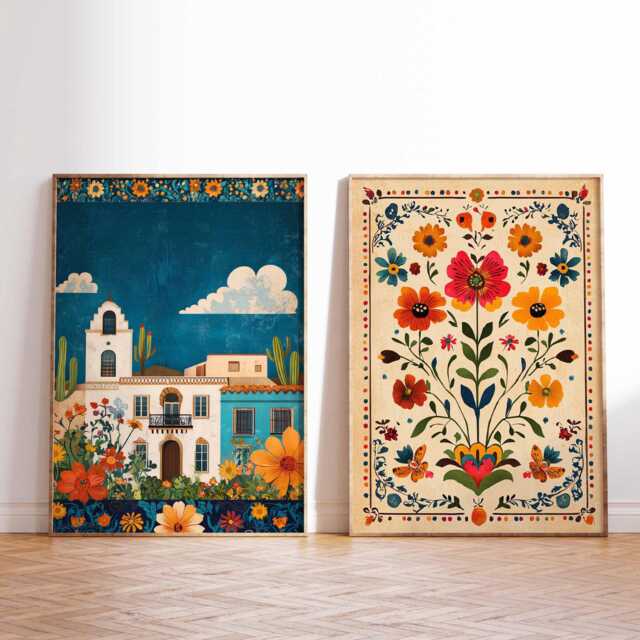 Set Of 2 Mexican Posters, Wall Art, Botanical Prints, Latin Floral Traditional Gift, Gift - image 1