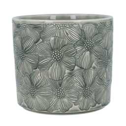Grey Cosmos Plant Pot - Light Flower Pattern Ceramic Planter Home Decor Stoneware Cover - thumbnail 3