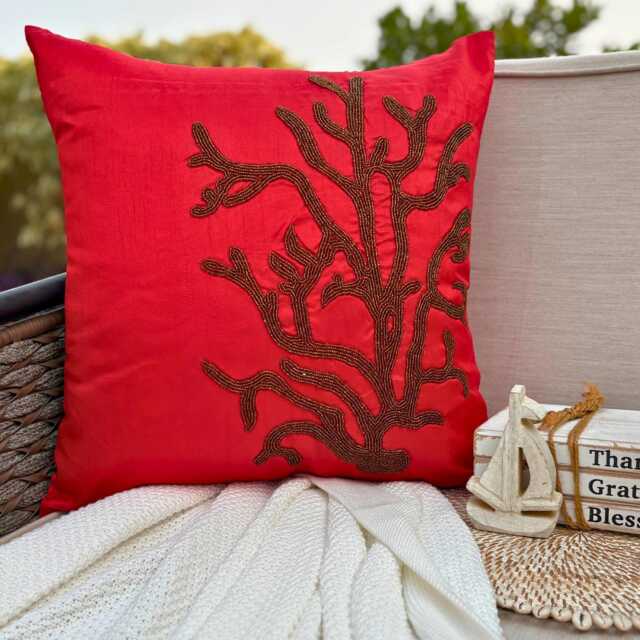 Red Art Silk Beaded Sea Creature Pattern, Beach Style Throw Pillow Cover/Euro Sham - Coral Rhapsody - image 1