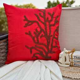 Red Art Silk Beaded Sea Creature Pattern, Beach Style Throw Pillow Cover/Euro Sham - Coral Rhapsody - thumbnail 1