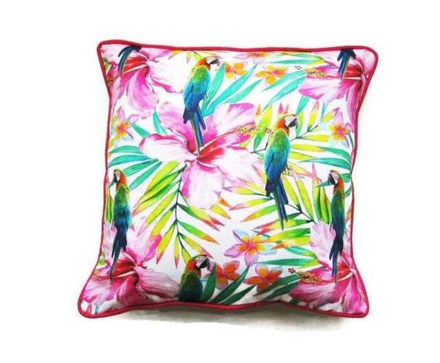 Parrots & Tropical Flowers, Pink, Citrus Green, Yellow, Turquoise Blue Cotton Cushion Cover, Decorative Throw Pillow Home Decor - image 1