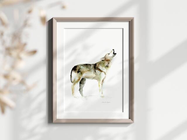 Howling Wolf Watercolor Painting, Minimalist Forest Animal Print - image 1