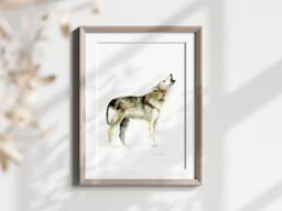 Howling Wolf Watercolor Painting, Minimalist Forest Animal Print - thumbnail 1