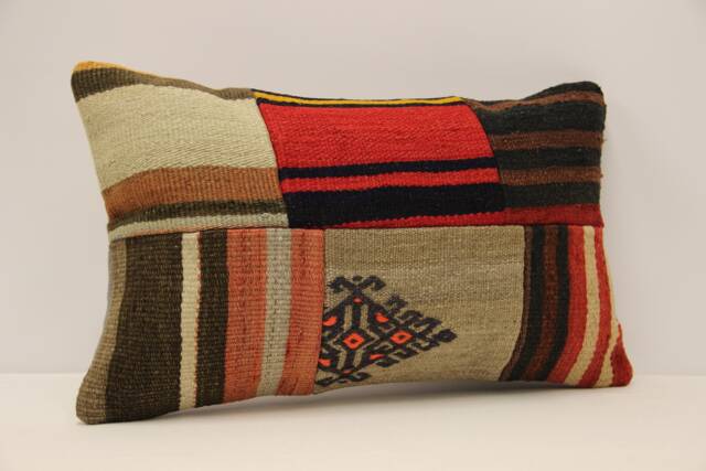 Turkish Kilim Pillow Cover 12x20, Vintage Wool Patchwork Lumbar Cushion - image 1