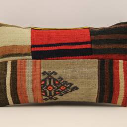 Turkish Kilim Pillow Cover 12x20, Vintage Wool Patchwork Lumbar Cushion - thumbnail 2