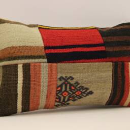 Turkish Kilim Pillow Cover 12x20, Vintage Wool Patchwork Lumbar Cushion - thumbnail 3