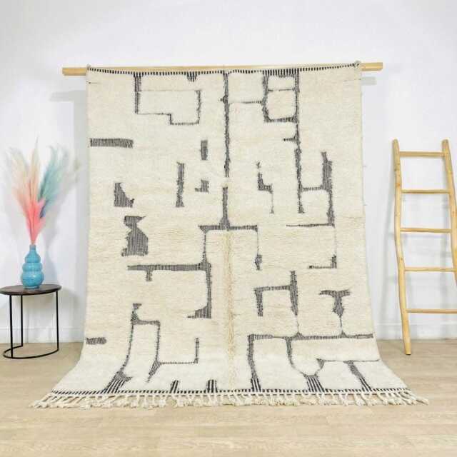 Black Maze Abstract Moroccan Rug - Beni Ourain Shag Large Area Handmade Berber Wool Carpet Minimalist Monochrome Home Decor - image 1