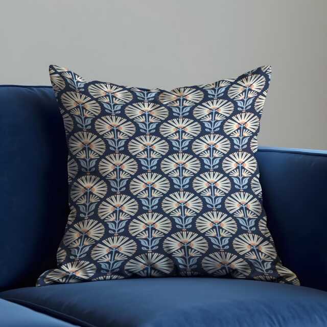 Navy Floral Cushion Cover, Mid Century Throw Pillowcase, Retro Botanical Decorative Case - image 1