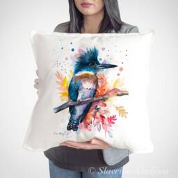 Belted Kingfisher Throw Pillow Cover By Slaveika Aladjova, Cushion Cover, Decorative Pillow Cover, Animal Art, Watercolor Pillow, Gift - thumbnail 1