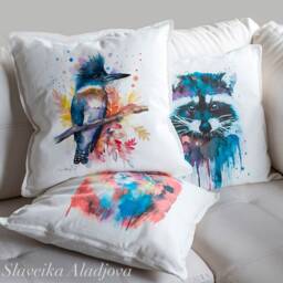 Belted Kingfisher Throw Pillow Cover By Slaveika Aladjova, Cushion Cover, Decorative Pillow Cover, Animal Art, Watercolor Pillow, Gift - thumbnail 2