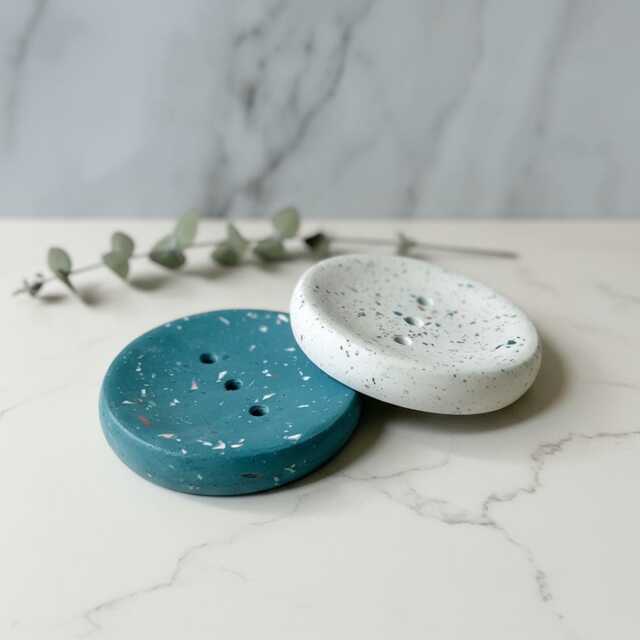 Terrazzo Cement Soap Dish With Drainage Holes - Bathroom Sink Accessory For Shampoo Bars - image 1