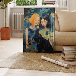 Dark Blue Green Art Print, Abstract Portrait Painting Wall Art, Contemporary Digital Poster, Black Cats Canvas Decor, Printable Gift - thumbnail 3