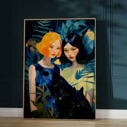 Dark Blue Green Art Print, Abstract Portrait Painting Wall Art, Contemporary Digital Poster, Black Cats Canvas Decor, Printable Gift - thumbnail 2