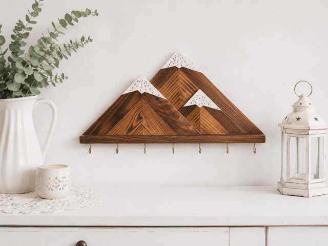 Mountain Key Holder For Wall - Rustic Wooden Rack With Hooks Entryway Organizer - image 1