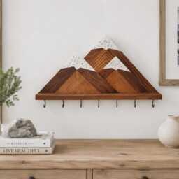 Mountain Key Holder For Wall - Rustic Wooden Rack With Hooks Entryway Organizer - thumbnail 3