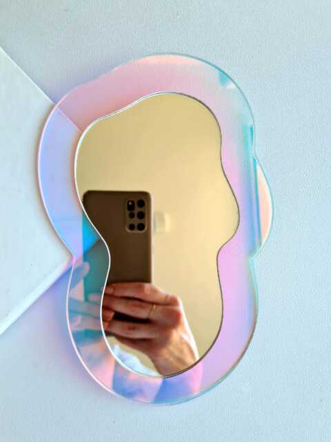 Wavy Holographic Mirror Iridescent Wall Decor, Funky Blob Mirror, Dopamine Y2K Room Aesthetic, Futuristic Rainbow Sun Catcher Art - image 1