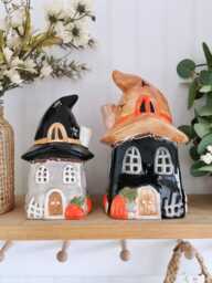 Haunted House, Witches Hat Ceramic House Tea Light Holder, Halloween Decor, Pumpkin