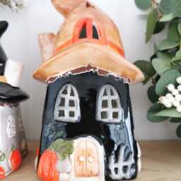 Haunted House, Witches Hat Ceramic House Tea Light Holder, Halloween Decor, Pumpkin - thumbnail 3