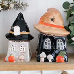 Haunted House, Witches Hat Ceramic House Tea Light Holder, Halloween Decor, Pumpkin - thumbnail 4