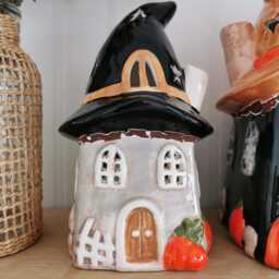 Haunted House, Witches Hat Ceramic House Tea Light Holder, Halloween Decor, Pumpkin - thumbnail 2