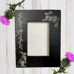 Engraved Slate Hare Photo Frame, Rustic Nature Decor, Personalised Gift - thumbnail 2
