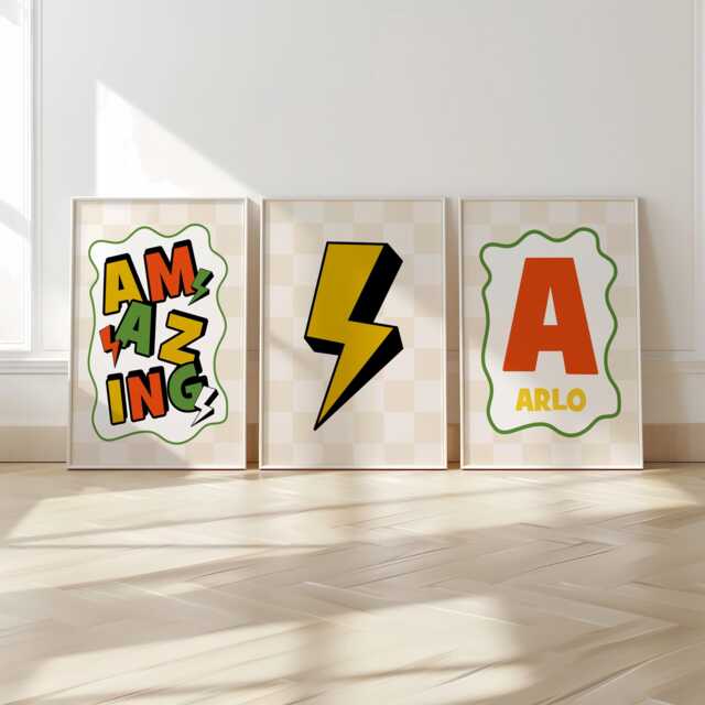 Set Of 3, Retro Kids Art, Personalised, Initial Print, Cool Boys Bedroom Prints, Checkerboard, Nursery, Children's Lightening - image 1