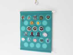 Teal Pin Grid Banner - Faded Circle Enamel Wall Hanging - Collector Display Fabric - thumbnail 1