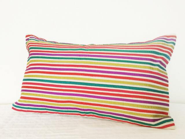 Bright & Cheerful Stripes Lumbar Pillow Cover in Natural Non Dyed Cotton Linen , Decorative Pillow, Ribbon Housewares - image 1