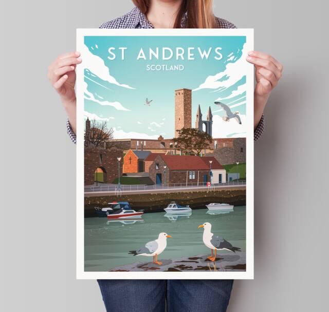 st Andrews Harbour Print - Rule's Church East Neuk Of Fife Cathedral Fishing Village Scotland Illustration Art - image 1