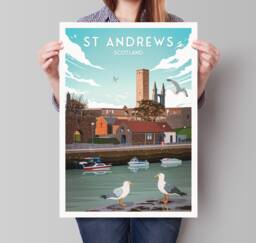 st Andrews Harbour Print - Rule's Church East Neuk Of Fife Cathedral Fishing Village Scotland Illustration Art - thumbnail 1