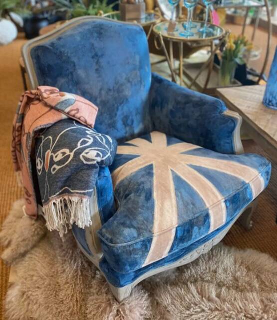 British Arm Chair Custom Painted Blue One Off Feature Textured Fabric - image 1