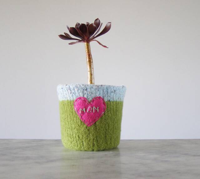 Felted Cactus Or Houseplant Planter - Plant Pot With Waterproof Lining Textural Mom Embroidered Heart in Hot Pink - image 1