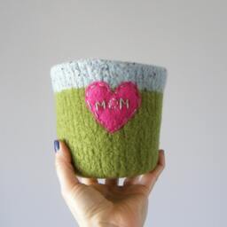 Felted Cactus Or Houseplant Planter - Plant Pot With Waterproof Lining Textural Mom Embroidered Heart in Hot Pink - thumbnail 2