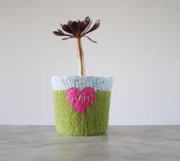 Felted Cactus Or Houseplant Planter - Plant Pot With Waterproof Lining Textural Mom Embroidered Heart in Hot Pink