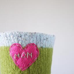 Felted Cactus Or Houseplant Planter - Plant Pot With Waterproof Lining Textural Mom Embroidered Heart in Hot Pink - thumbnail 3
