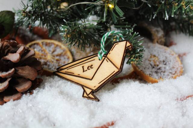 Personalised Origami Christmas Ornament Japanese Paper Wood Custom Bauble Laser Engrave Rustic Wooden Name Personalise Tree Decoration Irish - image 1