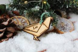 Personalised Origami Christmas Ornament Japanese Paper Wood Custom Bauble Laser Engrave Rustic Wooden Name Personalise Tree Decoration Irish - thumbnail 1