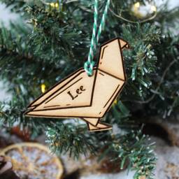 Personalised Origami Christmas Ornament Japanese Paper Wood Custom Bauble Laser Engrave Rustic Wooden Name Personalise Tree Decoration Irish - thumbnail 2