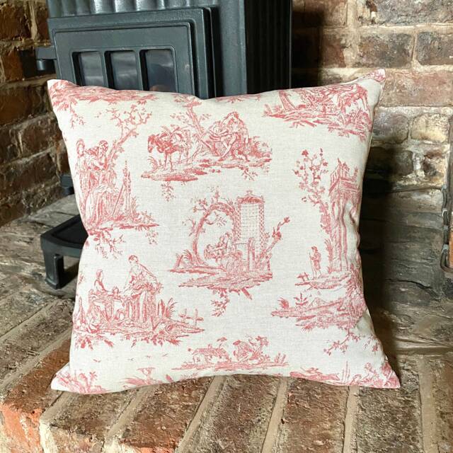 1004. Red Toile De Jouy 100% Cotton Linen Look Cushion Cover. Various Sizes - image 1