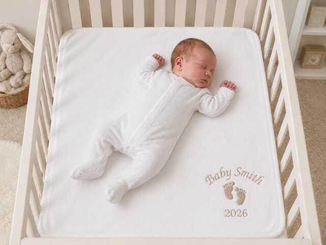 Personalised Baby Blanket Embroidered Name Date Weight Newborn Gift Footprints