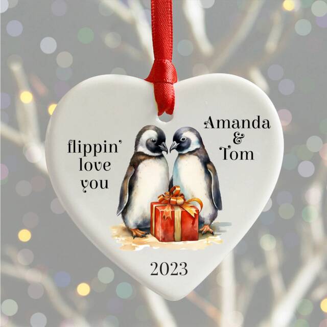 Penguin Couple Christmas Ornament, Personalised Heart Bauble, Flippin Love You Xmas Decoration - image 1