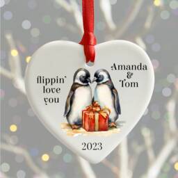 Penguin Couple Christmas Ornament, Personalised Heart Bauble, Flippin Love You Xmas Decoration - thumbnail 1