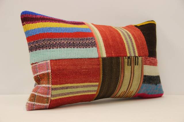 Vintage Turkish Kilim Lumbar Pillow Cover, Patchwork Wool, 12x20 - image 1