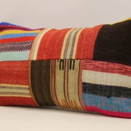 Vintage Turkish Kilim Lumbar Pillow Cover, Patchwork Wool, 12x20 - thumbnail 3
