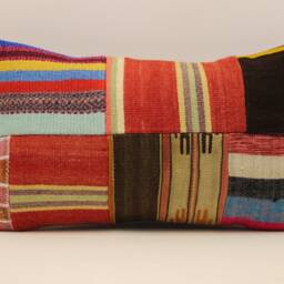 Vintage Turkish Kilim Lumbar Pillow Cover, Patchwork Wool, 12x20 - thumbnail 2