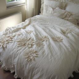 Dahlia Flower Applique Bohemian Bedding. Shabby Chic Duvet Cover. Bedspread - Queen King Neutral Cotton Linen Custom Bedding Nurdanceyiz - thumbnail 2