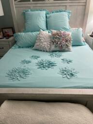 Dahlia Flower Applique Bohemian Bedding. Shabby Chic Duvet Cover. Bedspread - Queen King Neutral Cotton Linen Custom Bedding Nurdanceyiz