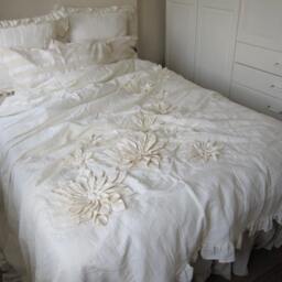 Dahlia Flower Applique Bohemian Bedding. Shabby Chic Duvet Cover. Bedspread - Queen King Neutral Cotton Linen Custom Bedding Nurdanceyiz - thumbnail 3